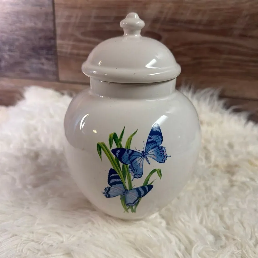 Vintage FTD White Blue Butterflies Ginger Jar  Lid Circa 1960 Home Decor Urn